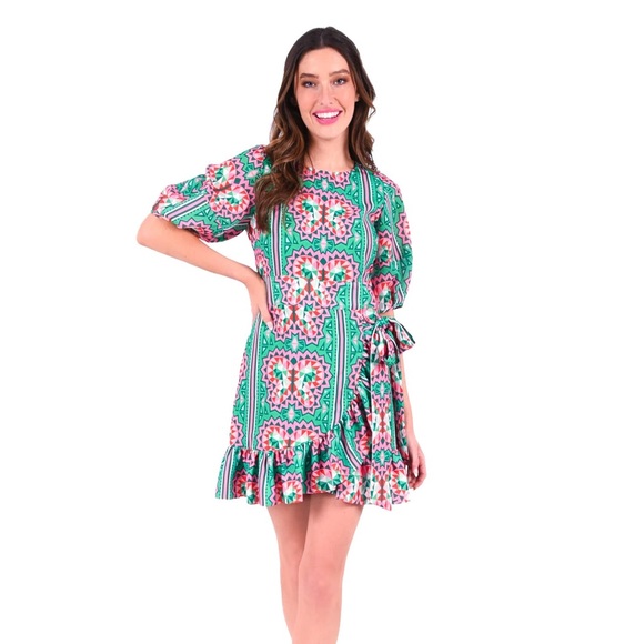 New Emily McCarthy Geometric Spring Dress w/ ruffle sleeve SZ Large - Picture 2 of 11